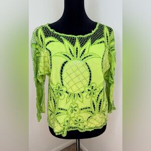 Vintage 90’s linen blend tropical island vacation Lace pineapple shirt green sm